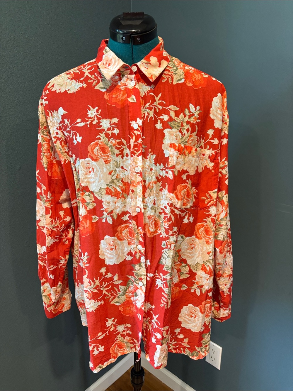 Sezane Red Floral Button-Down Shirt